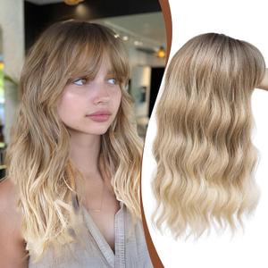 DZFAYESM Hair Topper with Bangs 16 Inch Ombre Blonde Synthetic Wavy Hair Toppers for Women 6.5"x6.5" Big Base Invisible Wiglets Hairpieces for Women Daily Wear
