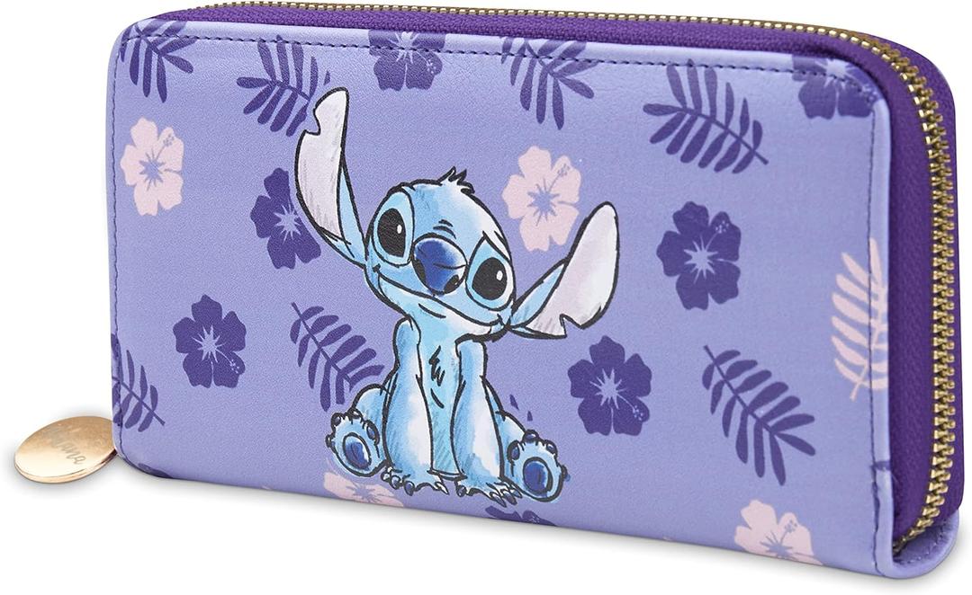 Disney Stitch Wallet Women Teenagers Girls Zip Around Card Cash Coin Purse Cute Clutch Wallet for Travel Work Gifts for Her (Purple Stitch)