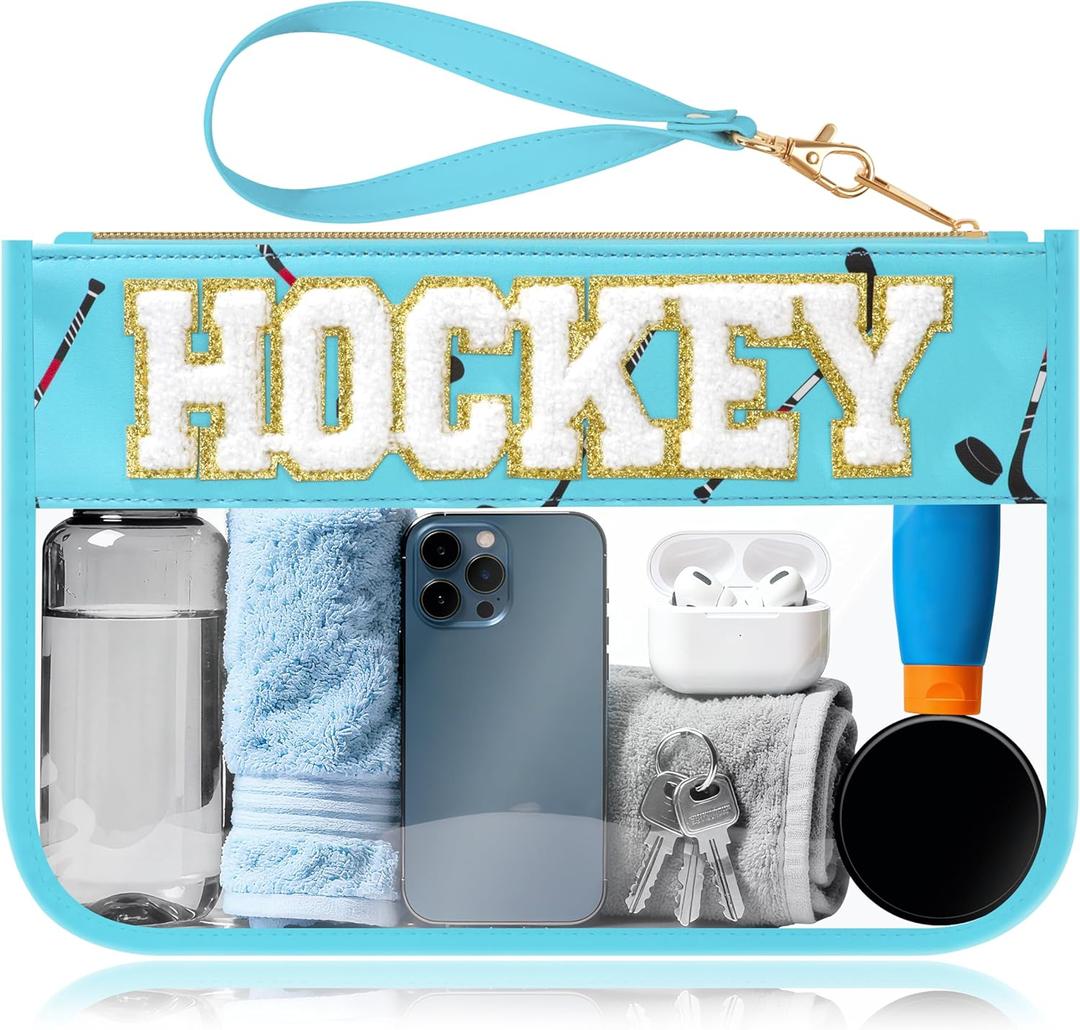 Hockey Gifts Makeup Bag with Chenille Letter Patch, Clear Cosmetic Pouch PVC Organizer Purse, Waterproof Travel Bag, Portable Toiletry Storage Bag for Her Friends (Ice blue-Hockey)