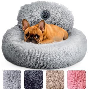 PetJett Small Dog Bed - 23'' Round Dog Beds, Calming Puppy Bed - Anti-Slip & Washable Super Soft Fluffy Plush Faux Fur Pet Bed, Anti-Anxiety Premium Comfort Donut Bed, Fits Dogs up to 25 lbs, Bright Gray, Small - 23”L x 23”W x 8”Th