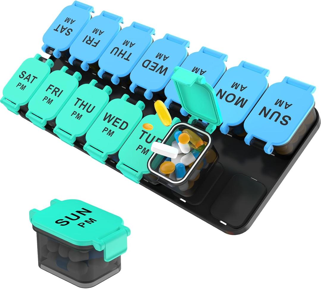 Large 7 Day Pill Organizer, XL AM PM Twice a Day Medicine Storage Box, Big 2 Week Pill Holder for Pills, Vitamins & Supplements, Travel 14 Day Case for MedicationBlue+Cyan
