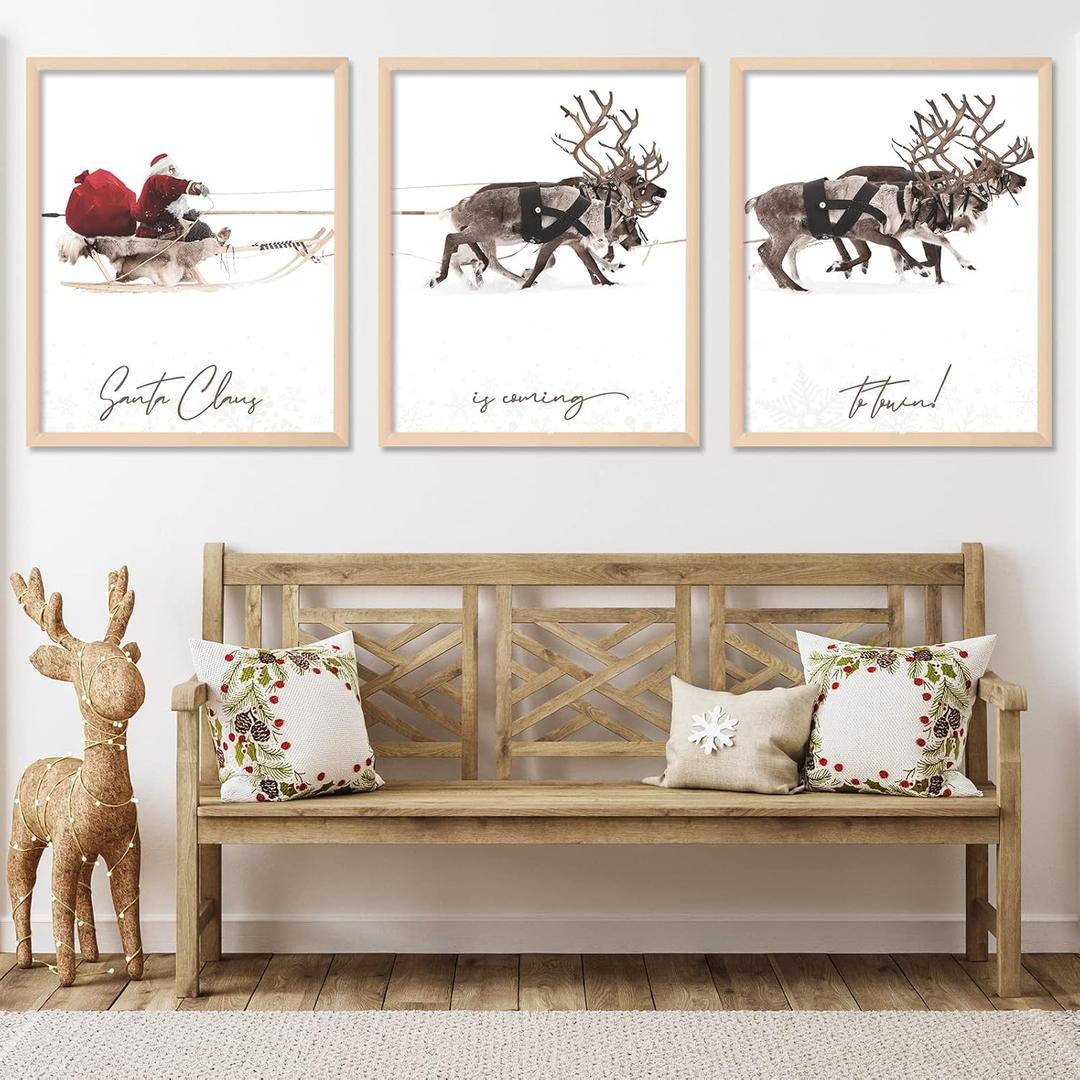 2 x AnyDesign 3Pcs Christmas Wall Art Prints 11x14in Santa Claus Reindeer with Sleigh Art Poster Decor Large Aesthetic Xmas Posters Room Decor for Gallery Living Room Bathroom Wall Decor(UNFRAMED)