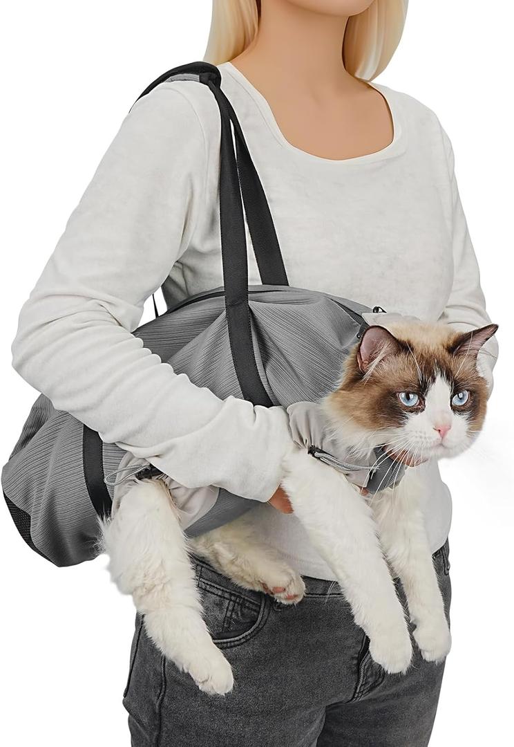 Cat Carrier Pouch, Soft Cat Carrier and Soothing Grooming Bag, Breathable Cat Restraint Bag for Nail Clipping Vet Visits Medication Dental Care Grey, (Large)