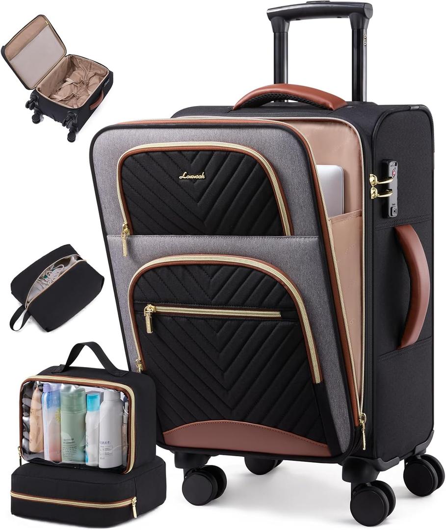 LOVEVOOK Carry on Luggage 22x14x9 Airline Approved, Large Waterproof Carry on Suitcase with 3 Packing Cubes,Lightweight Softside Underseat Travel Luggage with 360 Wheels,Laptop Compartment,TSA Lock (22 Inches - 4Pcs, Black - Grey - Chestnut brown)