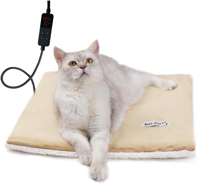 Rest-Eazzzy Cat Heating Pad, Cat Bed with Removable Cover Heated Cat Bed 5 Level Timer and 5 Level Temperature, Cat Beds for Indoor Warming Mat for Cat Dog (Heat pad, Pure-Beige) (Small-1 Pack)