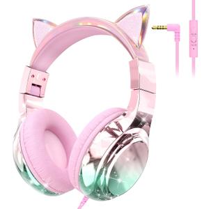 QearFun Kids Cat Ear Headphones Wired with Mic, 85/94dB Safe Volume Limit, Sparkly Wired Headset, Foldable, Sharing Port & Tangle-Free Cord for School, Chromebook, Tablet, Travel, Boys & Girls