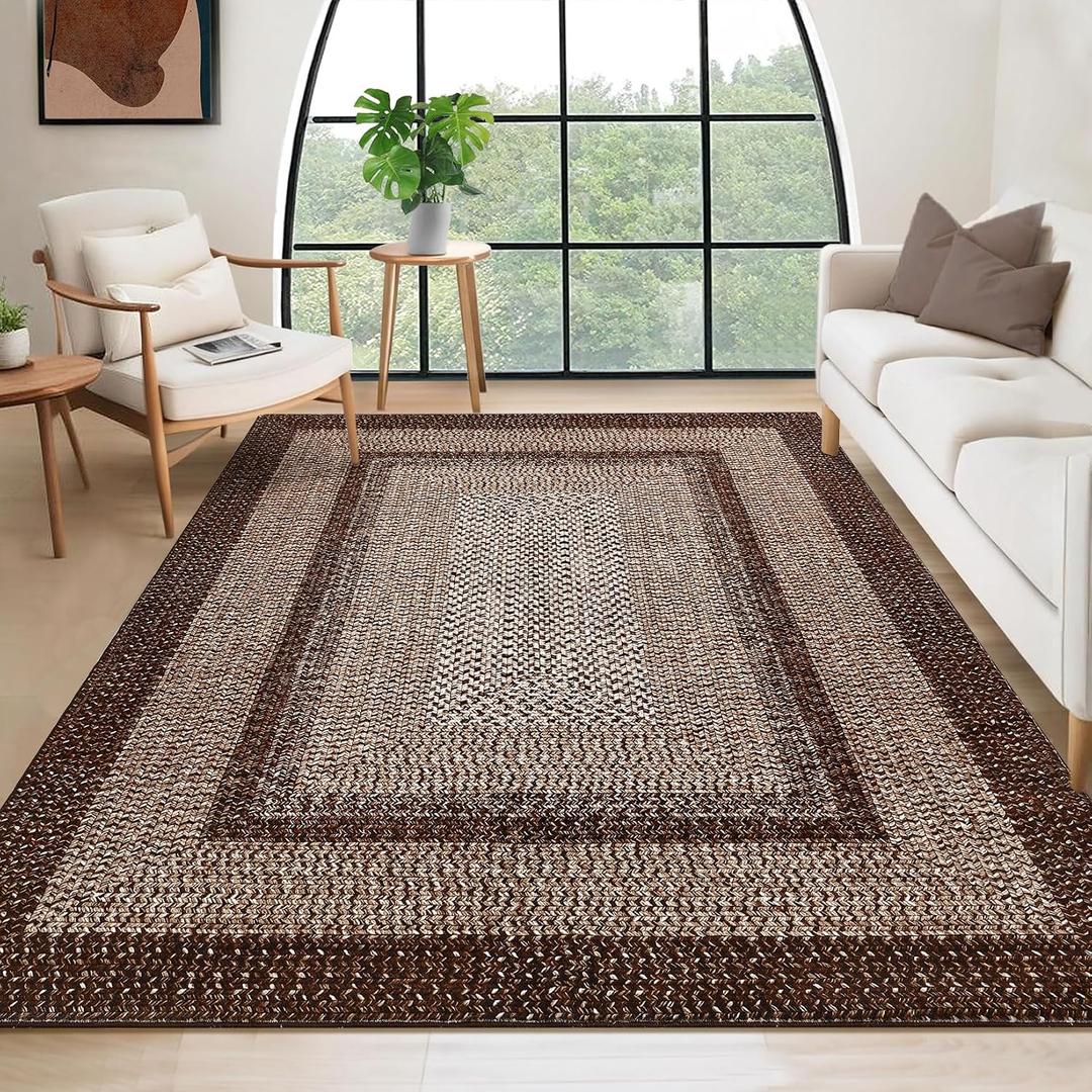 RUGSREAL 10x13 Large Living Room Rug Braided Print Rug Boho Throw Carpet Farmhouse Rustic Dining Room Carpet Non Slip Geometric Bordered Area Rug Bohemian Carpet for Bedroom Home Decor Office, Brown