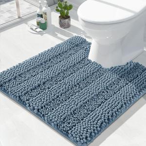 Yimobra Toilet Rugs U Shaped Washable 24 x 24, Non Slip and Super Absorbent Toilet Mat, Quick Dry, Ultra Luxury Microfiber Chenille Plush Fluffy Contour Bath Rugs for Toilet Base, Denim Blue