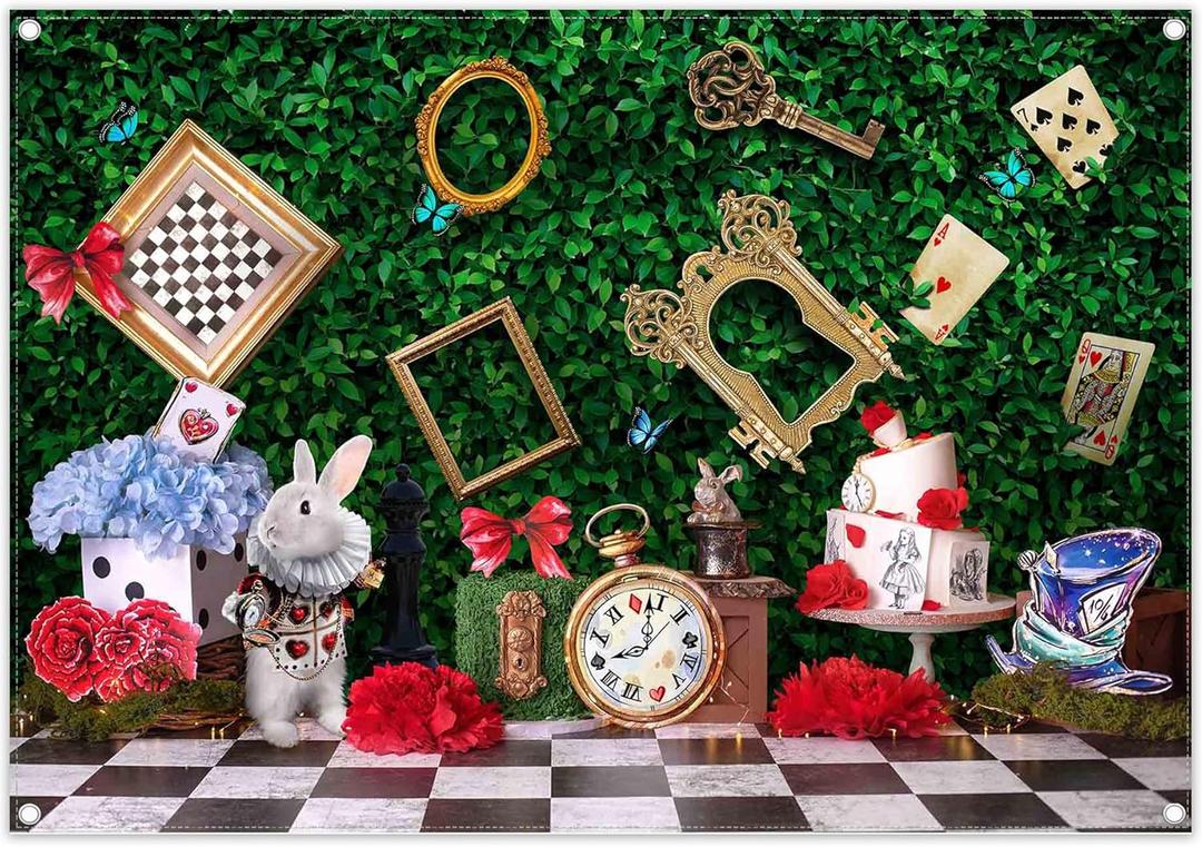Yriujul 7x5ft Fabric Wonderland Enchanted Tea Party Photography Backdrop Kids Fairy Tale Green Grass Birthday Background Checkerboard Rabbit Photo Tapestry Props