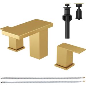 Hoimpro 8 Inch Brushed Gold Widespread Waterfall Bathroom Sink Faucet, Square Two Handle Vanity Bathroom Faucet with cUPC Supply Hose, 3 Holes Faucet with Pop Up Drain, Stainless Steel
