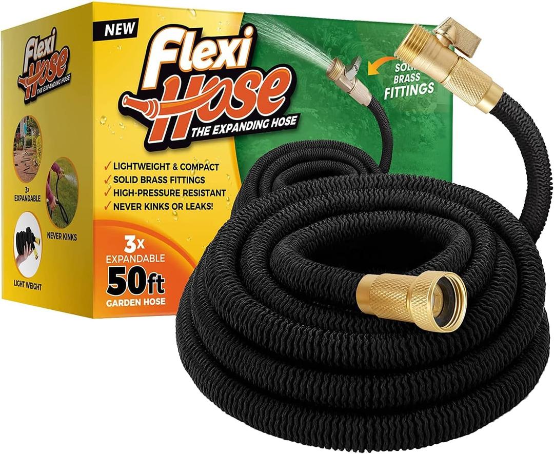 Flexi Hose Lightweight Expandable Garden Hose, 50FT - Retractable Garden Hose, Water Hose - No-Kink Flexibility, 3/4 Inch Solid Brass Fittings and Double Latex Core (Black)