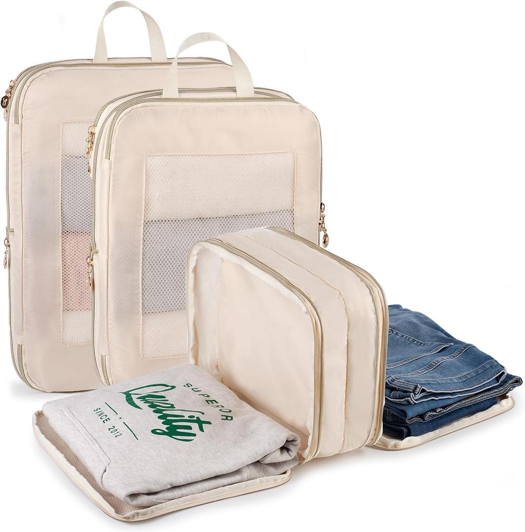 Expandable Double-Sided Compression Packing Cube3 Set Lightweight Double Deck Organizer Bag Carry on Luggage Backpack Suitcases Women Travel Accessories for Separate Clean and Dirty Clothes (Beige)