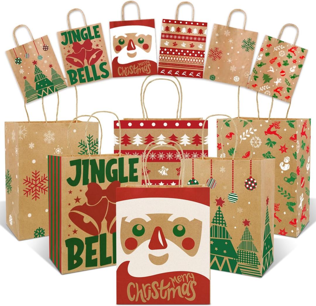 Sipthene 24 Pack Christmas Gift Bags with Handles, Kraft Paper Goody Treat Bags for Holiday Present Wrapping (6 Designs, 9" x 7" x 3.3") - for Xmas Party Favors, Classroom, Wedding Decor Supplies Bulk