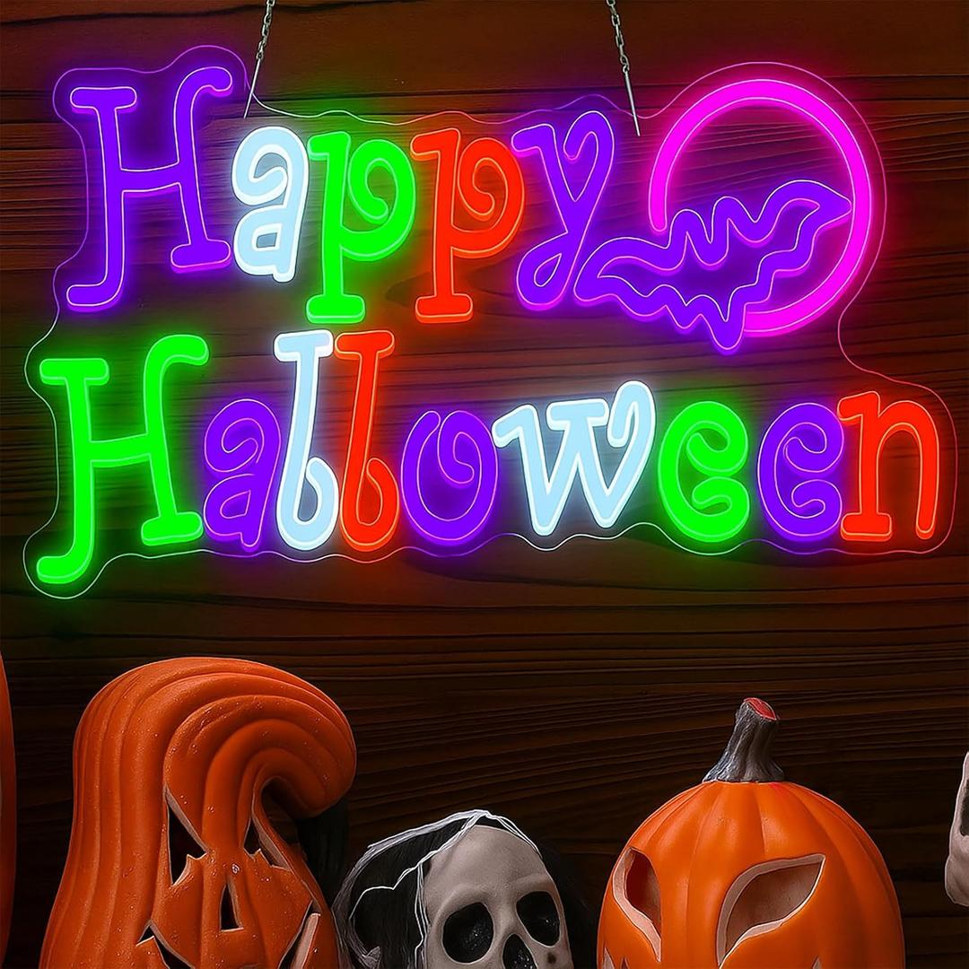Mudder Happy Halloween Neon Sign for Wall Decor Neon Wall Lighted Sign Outdoor for Present Bedroom Home Bar Halloween Party Decor Bat Shape Cave Bedroom Party Backdrop