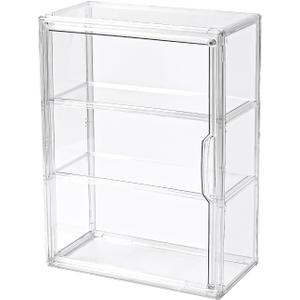 3 Tier Display Case for Collectibles,Clear Display Box with 2 Movable Plates ,Storage Container with Magnetic Door (Large 1 Pack)