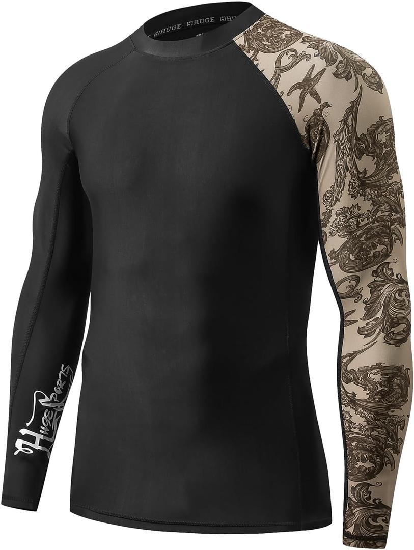 HUGE SPORTS Men's Rash Guard Long Sleeves UPF 50+ UV Sun Protection Quick Drying Splice Compression Swim Shirts Size Medium