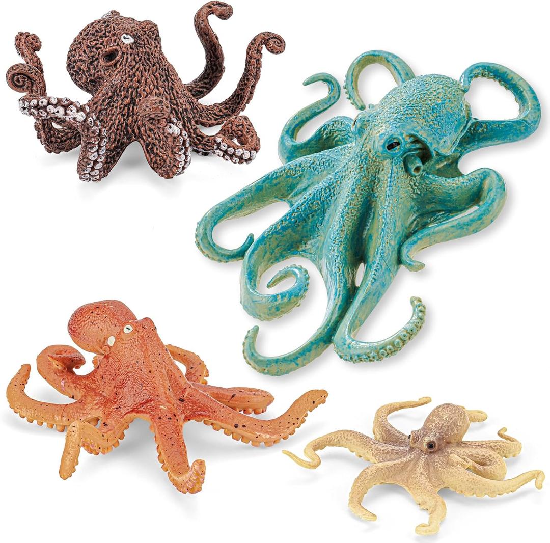 4PCS Octopus Figurines Sea Animal Toys,Plastic Ocean Animals Toys Figures, Realistic Soft Sea Creatures Toys for Kids Boys Girls - Birthday Gifts for Kids Cake Toppers Decoration