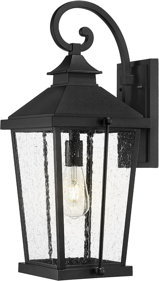 zeyu 22 Inch Outdoor Lights for House, 1-Light Outdoor Wall Sconce for House Porch, Die-Cast Aluminum with Seeded Glass, Black Finish, ZW105B-M BK