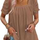 Dokotoo Women's Hollow Pleated Short Sleeves Square Neck Casual Loose Solid Color Knit T Shirts Tops Blouses (Brown, L)