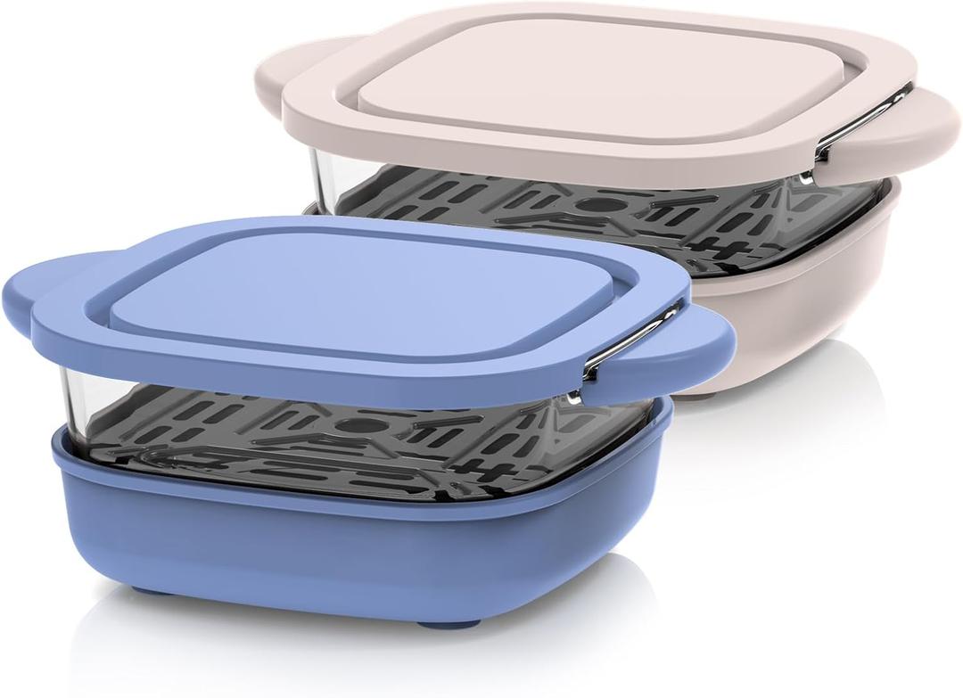 2 Pack 6 Cup Tempered Glass Container with Leak-Proof lid, Crispi Containers Compatible with Crispi 4-in-1 Portable Glass Air Fryer Cooking System, Microwave, Freezer and Dishwasher Safe