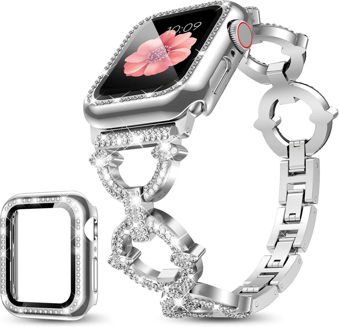 Mesime Compatible with Apple Watch Band 38mm 40mm 41mm 42mm 44mm 45mm 46mm, Women Bling Jewelry Bands with Tempered Glass Screen Protector Case, Shiny Strap for iWatch Series 10/9/8/7/6/5/4/3/2/1/SE (Silver)