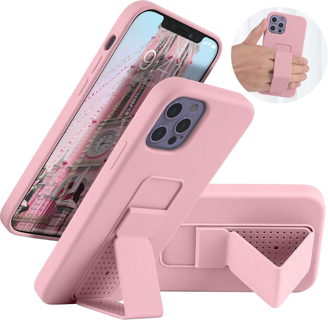 LAUDTEC Silicone Kickstand Case Compatible with iPhone 12/12 Pro, Vertical and Horizontal Stand Hand Strap Metal Kickstand Cover, Flexible Soft Liquid Silicone Stand Case for iPhone 12/12 Pro (Pink)