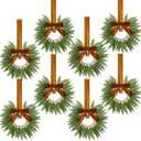 Dingion 8 Pcs 9.8" Small Christmas Cabinets Wreaths Mini Wreaths for Kitchen Window Chair Backs with Ribbon Bell Artificial Greenery for Farmhouse Holiday Decoration(Velvet,Classic,Brown)