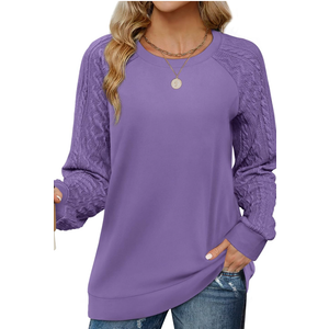 Saloogoe Sweatshirts for Women Crewneck Cable Knit Sleeve Sweaters Light, Large, Lavender 