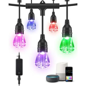 EDISHINE Smart String Lights, 48ft Outdoor Patio Lights with 18 Shatterproof Acrylic RGB LED Bulbs, APP & WiFi Control, Compatible with Alexa, Waterproof Dimmable Outdoor Lights for Halloween Decor