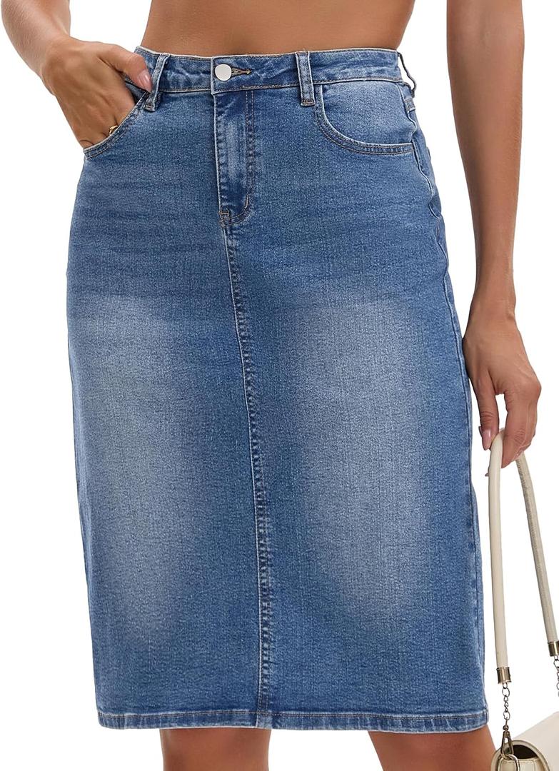 Women's Jean Skirt High Waist Back Slit Stretch Below Knee Length Denim Skirts, Large Blue