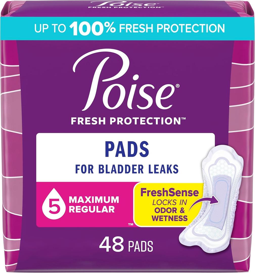 Poise Incontinence Pads & Postpartum Incontinence Pads, 5 Drop Maximum Absorbency, Regular Length, 48 Count, Packaging May Vary (Regular Length)