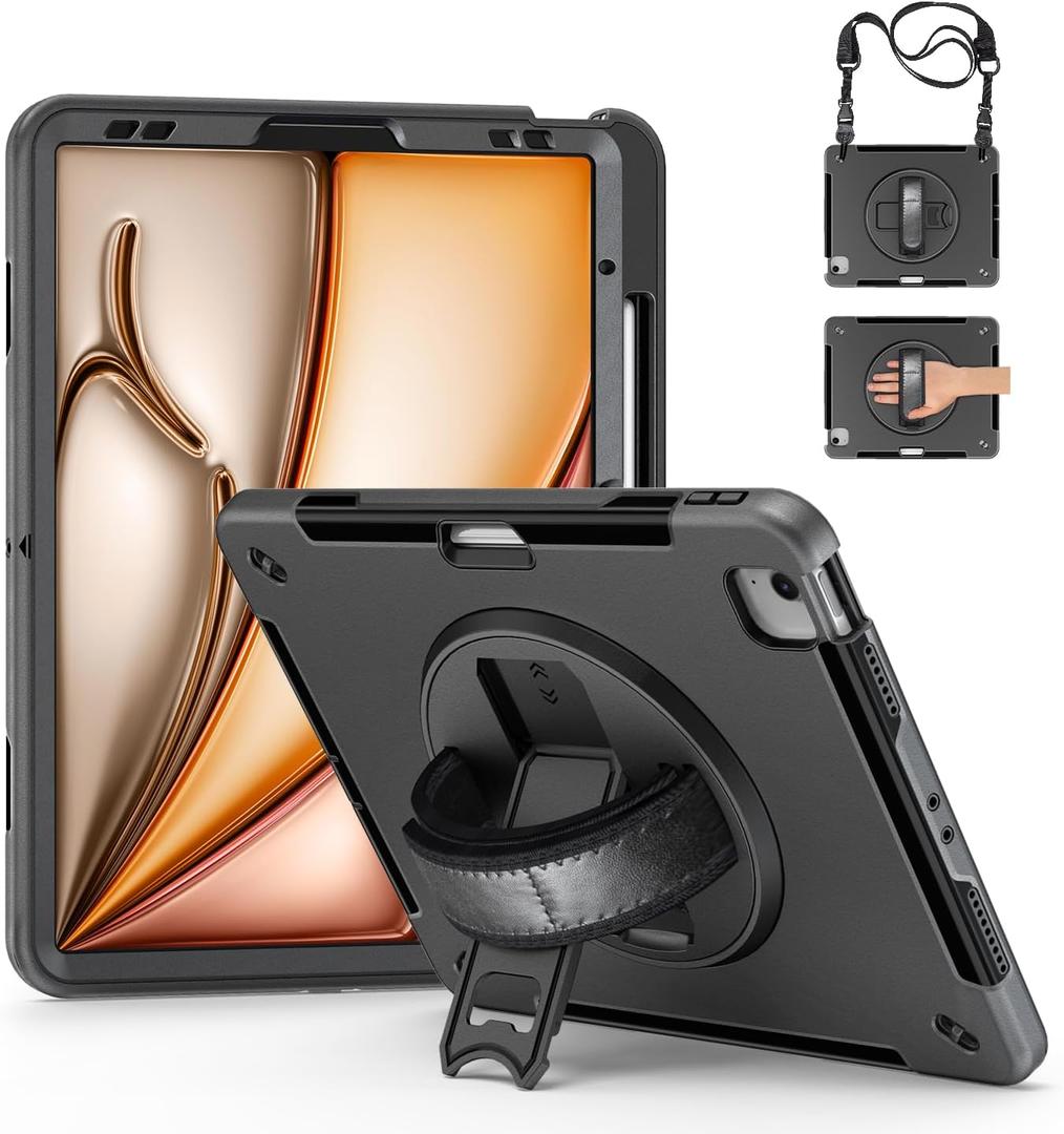 Junfire Protective Case for iPad Air 13-inch Case M4/M3/M2(2026/2025/2024), Shockproof Rugged iPad Air 13 Case with 360Rotating Kickstand/Hand Strap/Shoulder Strap/Stylus Holder-Black