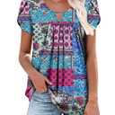 onlypuff 3X Womens Pleated Tops Plus Size Shirt Ladies Short Sleeve Boho Shirts Blouses Summer Crew Neck Tunic Tops BlueBlocks, 3XL