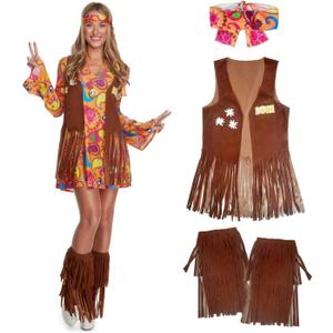 Morph Short Hippie Costume for Women, 70s Women Halloween Costume, Retro Hippie Outfit, Festival Attire (Small)
