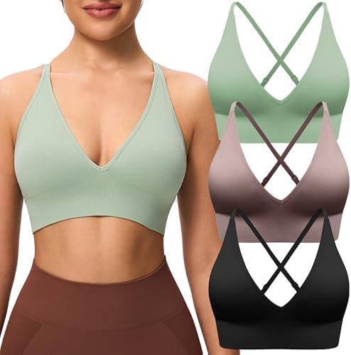 Evercute Women's Sports Bras 3/4 Pack Adjustable Deep V Neck Bras Wireless Spaghetti Strap Criss Cross Padded Low Support Bra M