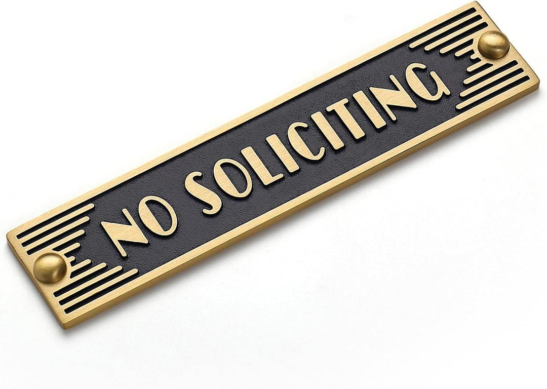 Brass No Soliciting Sign 6.5" for Home/Office, Brushed Matte Brass Finish, Hidden Screws and Nanotape Adhesive, Classic Design for Front Door, House, Business, Wall Decor, Doorbells - Rectangle