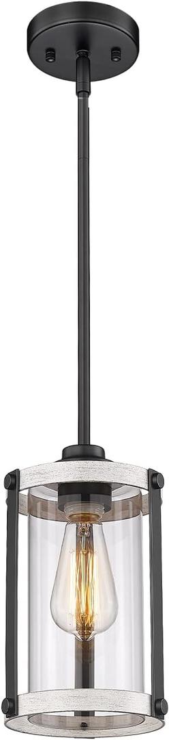 Farmhouse Pendant Light Fixtures, 1-Light Rustic Oak White Pendant Light Fixtures, Mini Glass Hanging Lighting with Rod for Kitchen Island Bar Bedroom, Adjustable Length, OS-3015