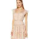 BCBGMAXAZRIA Women's Ruffle Cap Sleeve A Line Evening Dress Square Neck Short Tiered Ruffle Skirt, Pink, 8