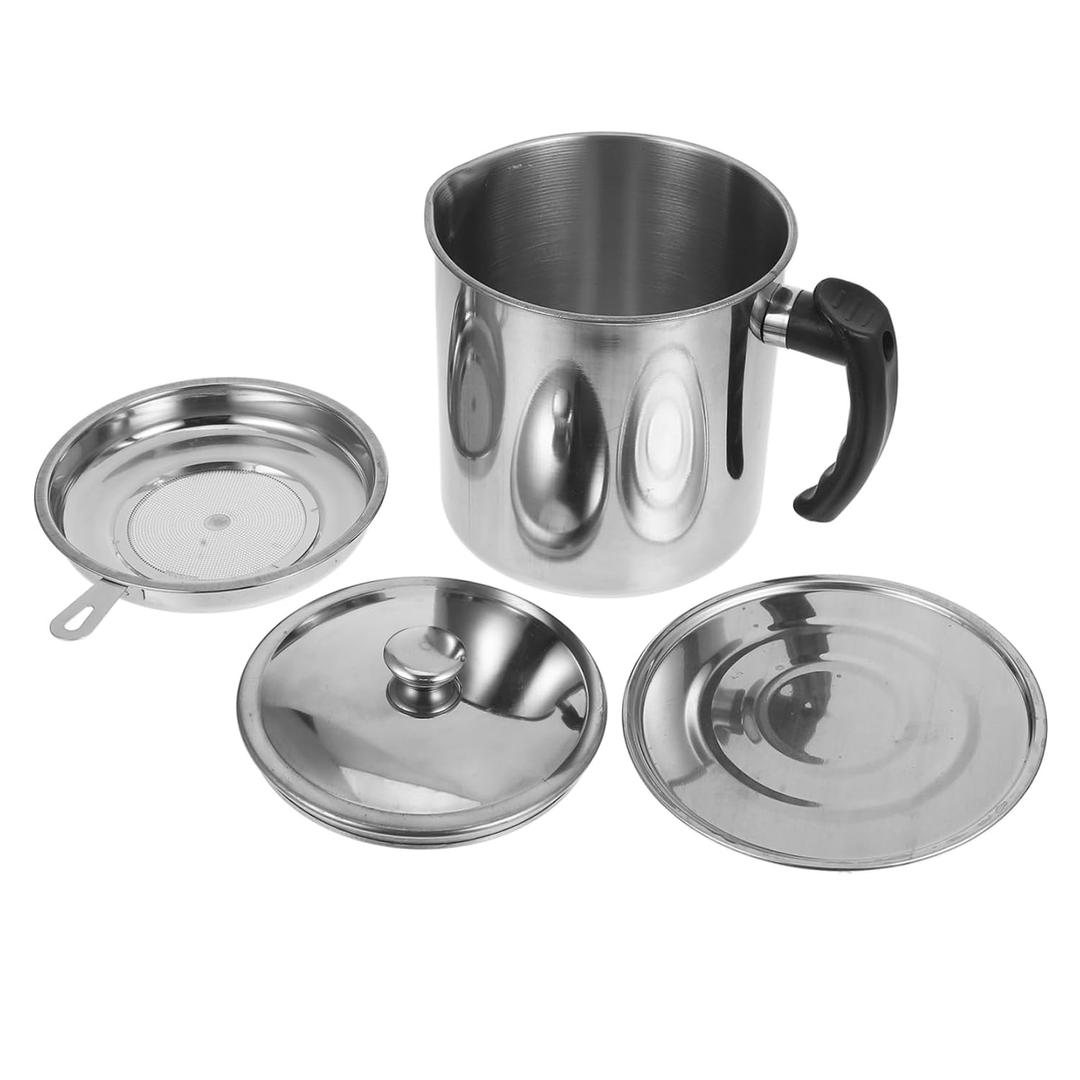 BUGUUYO Stainless Steel Frying Oil Container with Fine Mesh Strainer Capacity Grease Keeper for Easy Storage and Pouring Kitchen