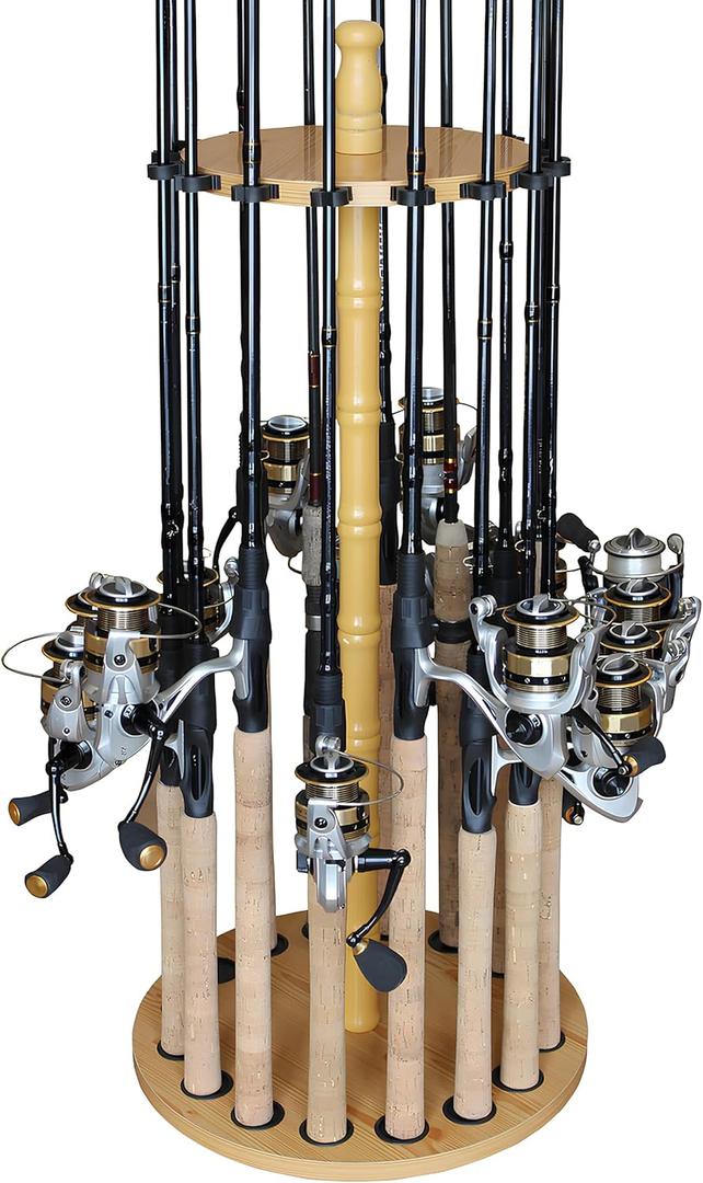 Rush Creek Creations Round 16 Fishing Rod Storage Rack - Features Traditional Handcrafted Wood Post - No Tool Assembly, Wood Grain Laminate
