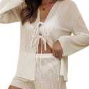 SHENHE Women's 2 Piece Swim Cover Up Set Tie Front Long Sleeve Kimono Cardigan and Shorts Beach Coverups (Beige, S)