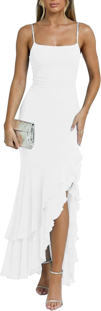 Kaximil Women's Sexy Spaghetti Strap Maxi Dresses Ruched Bodycon Ruffle Mermaid Cocktail Wedding Guest Dress 2026 (Medium, White)