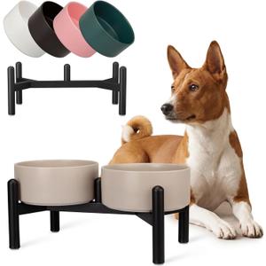 Raised Ceramic Dog Bowl Set - Elevated Double Dishes with Stainless Steel Stand - Food and Water Bowls for Small to Medium Dogs - Each Holds 3.5 Cups (29.57 fl oz) - Grey