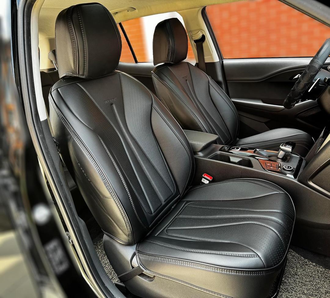 PINCTROT Car Seat Covers Front Set, Breathable Soft Pebbled Leather, Luxury Waterproof Seat Cushion, Airbag Compatible, Seat Protector Universal Fit Most Cars (Front Set, All Black)