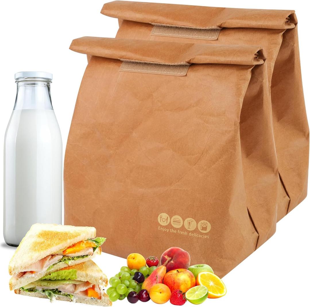 2 Pcs Insulated Brown Paper Lunch Bags, Reusable Lunch Bag Large Retro Sacks Thermal Insulation Food Storage Handbag for Adults Office Work Picnic Travel Snacks - 7.8"L x 5.9"W x 11.8"