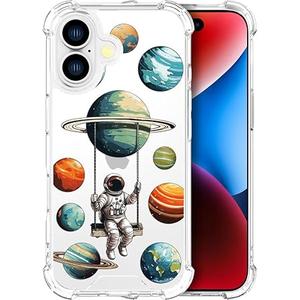 Cases Compatible with iPhone 16 Plus Case for Women Cute Phone Case Clear Design, 16 Plus Case Transparent Cool Kawaii, Astronaut Swinging Solar System Space Planets