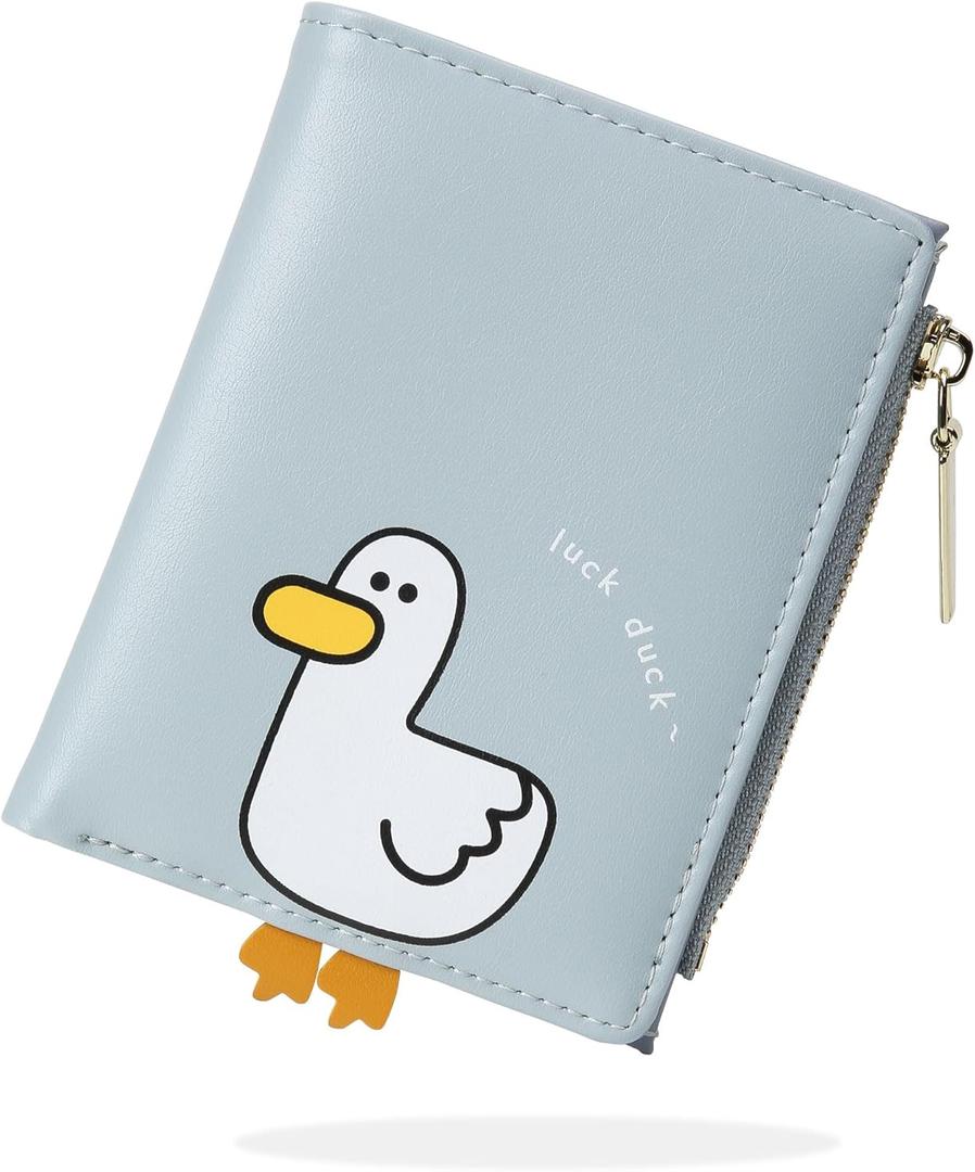 CONISY Cute Wallets for Women, Leather Bifold Small Wallet with Zipper Coin Purse, RFID Blocking Wallet for Girls and Ladies (Duck Blue)