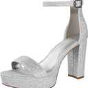 Ankis Chunky Platform Heels - 4 Inch Block Heeled Sandals for Women - Comfortable Open Toe Strappy Heels - Black, Nude, White, Silver, Gold - Summer Dress Shoes (Gray) 8