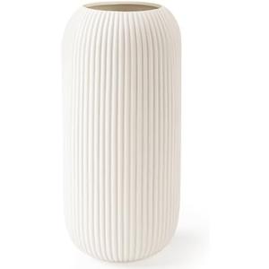 Ceramic Vase for Flowers – Modern Small Ribbed Textured Flower Vase for Home Decor, Pampas Grass, Decorative, Farmhouse, Coffee Table, Kitchen Centerpieces, Bookshelf and Home Living (White)