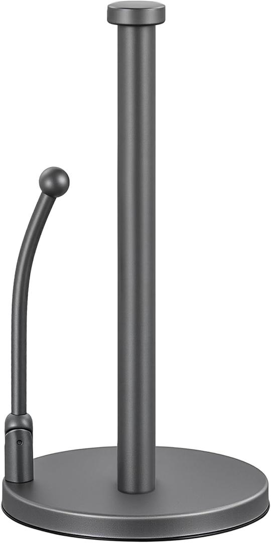 SMARTAKE Paper Towel Holder, Paper Towel Dispenser Standing Weighted Base Non Slip, Spring Arm for Easy Tear, Stainless Steel Paper Towel Holder for Home Kitchen Countertop Tabletop, Metallic Gray